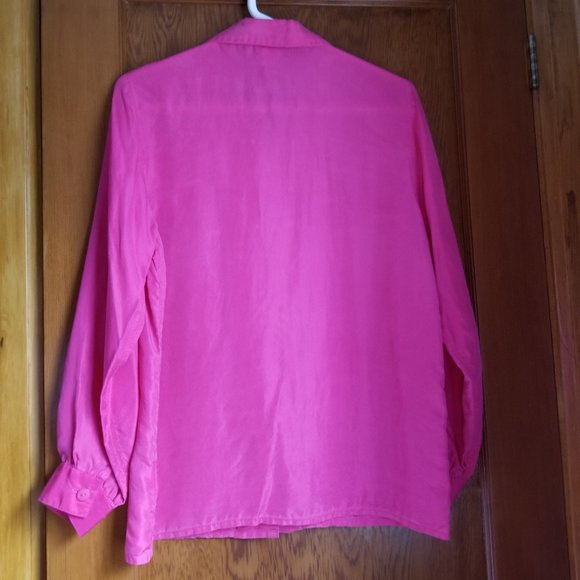 Silk, vintage 80s, open neck blouse, M, S, 10, front pleats, rose pink, The Bay - Picture 2 of 7
